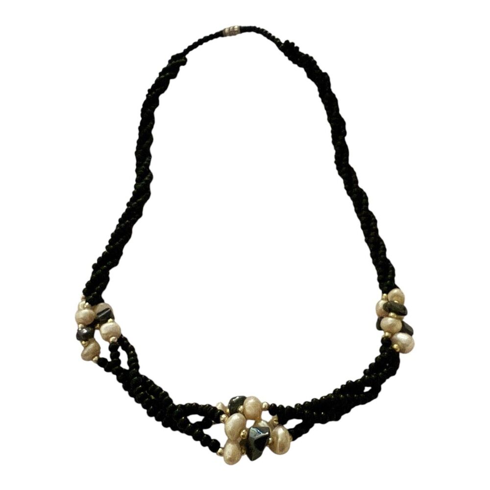 Vintage Pearl Hematite Cluster Black Seed Bead Torsade Braided Necklace